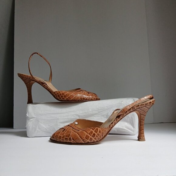 Brown Leather Reptile Print Cut Out PeepToe Sling-Back High Kitten heels Sz 8.5 - Picture 5 of 9